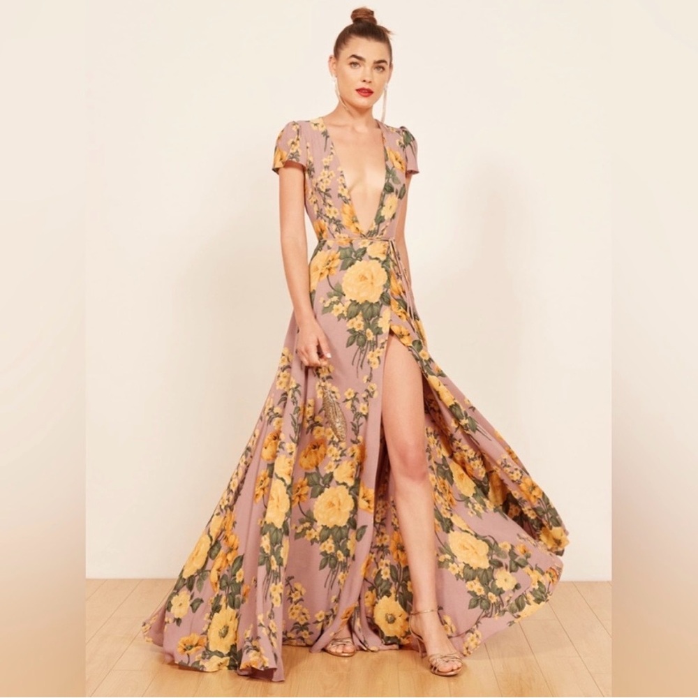 Reformation Roses Dress - Pale Pink Maxi Dress with Yellow Floral Accents